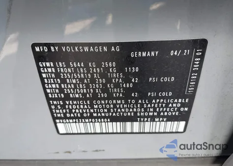 2021 Volkswagen Id.4 Pro из США, поврежденный, VIN WVGRMPE2XMP036804